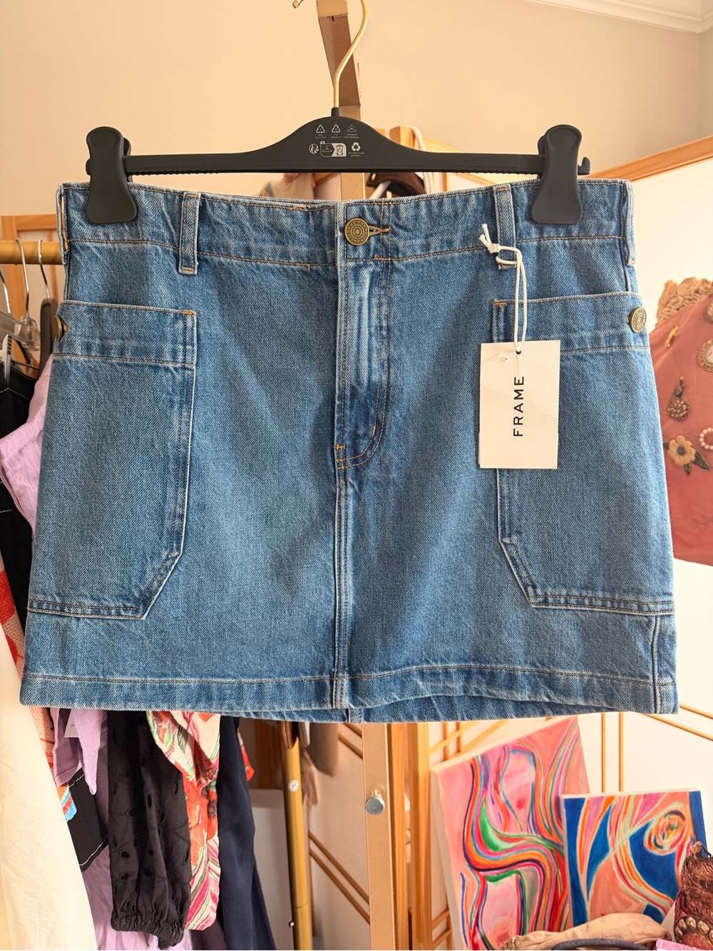 NWT Frame Morey Denim Mini Skirt Womens 29 Blue Utility Cargo Pockets Cotton